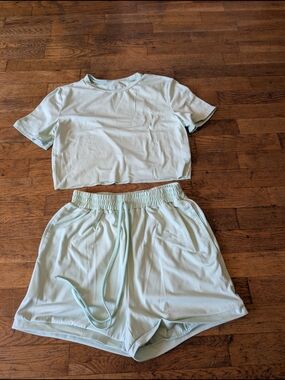 SHEIN Light Mint Cropped Tee & Drawstring Shorts Set